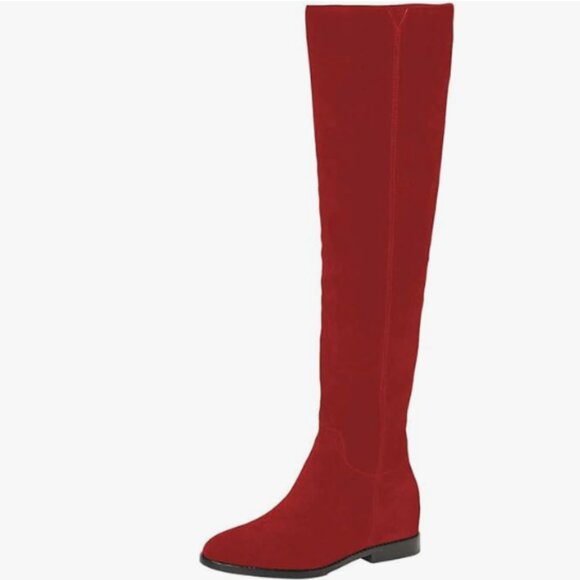 Red Almond Toe Knee High Boots with Partial Zipper Stretchy Dressy Long Boot - Picture 1 of 7